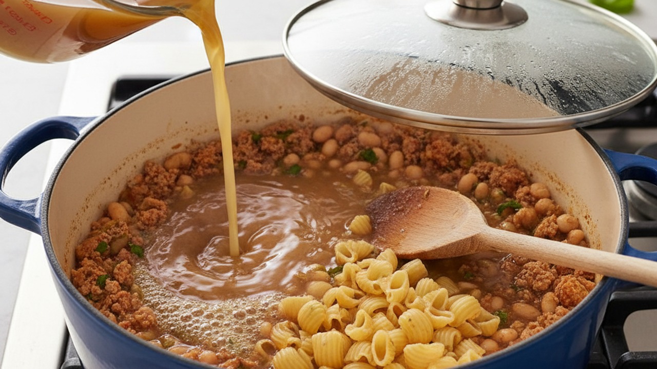 Add broth and pasta, simmer until al dente
