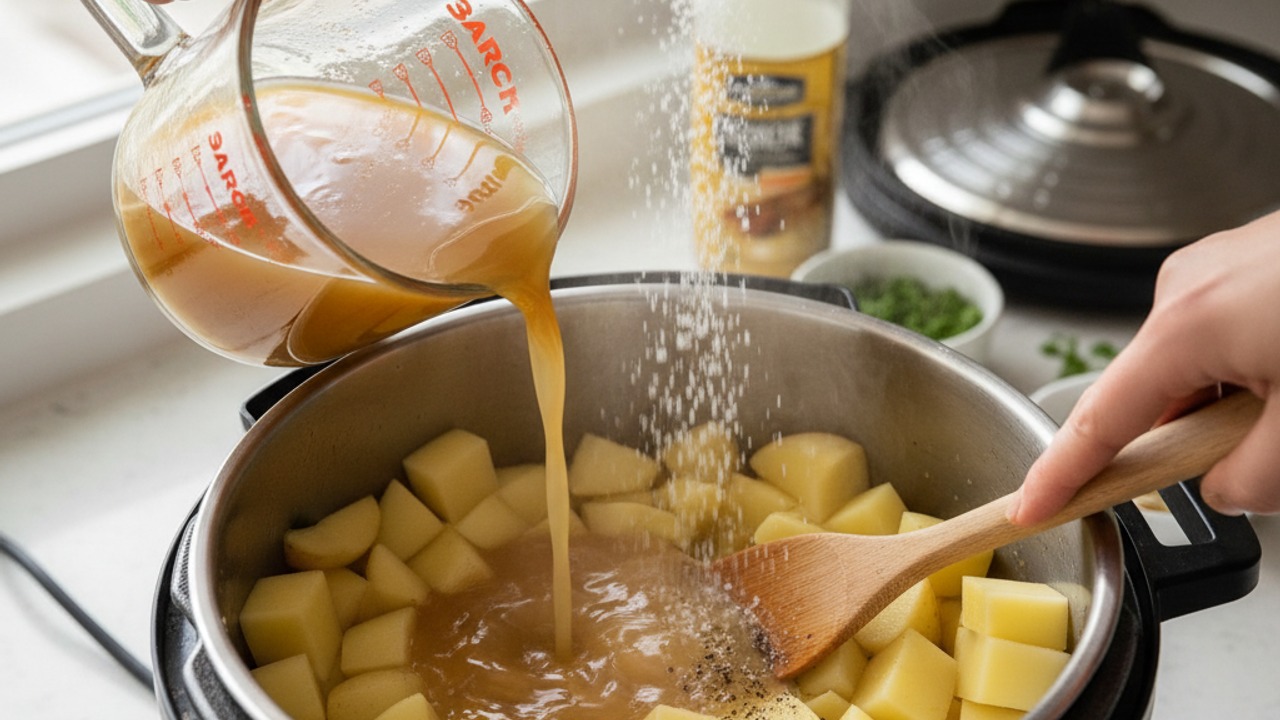 Add potatoes and stock, pressure cook