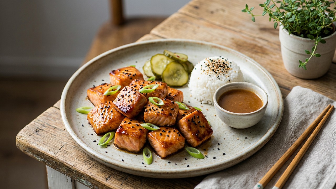 Air Fryer Miso-Glazed Salmon Bites with Sesame Rice