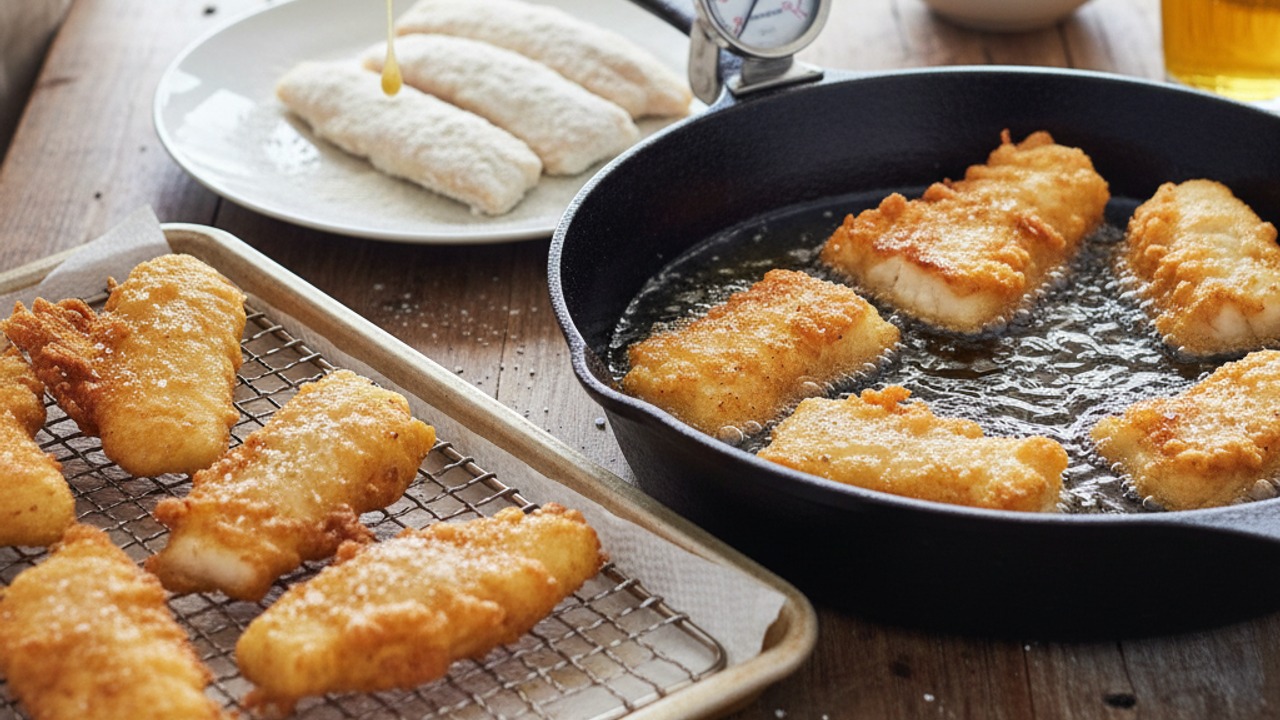 Dredge and batter the fish, then fry