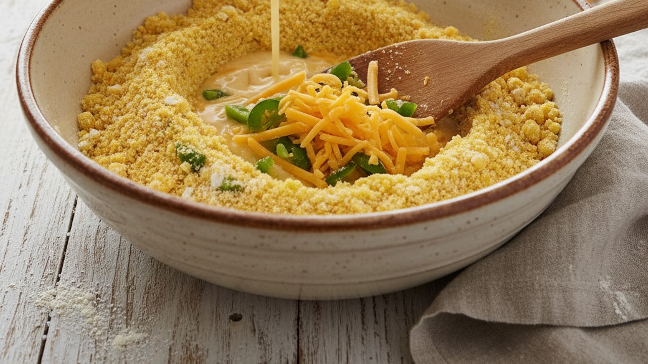 Mix wet ingredients and fold in jalapeño and cheddar
