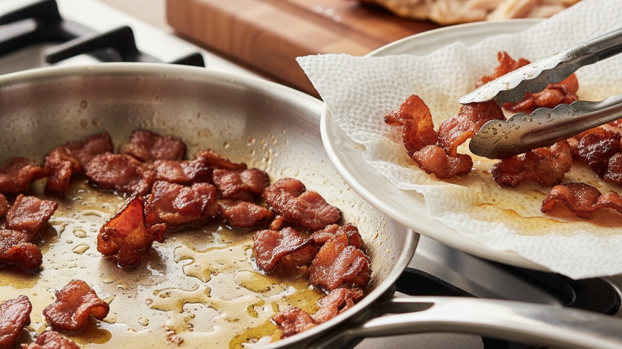 Crisp the bacon and reserve fat