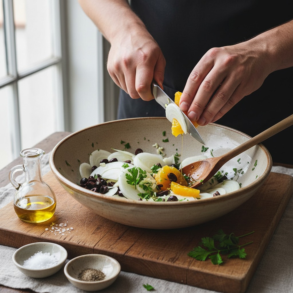 Make the fennel-orange-olive salsa