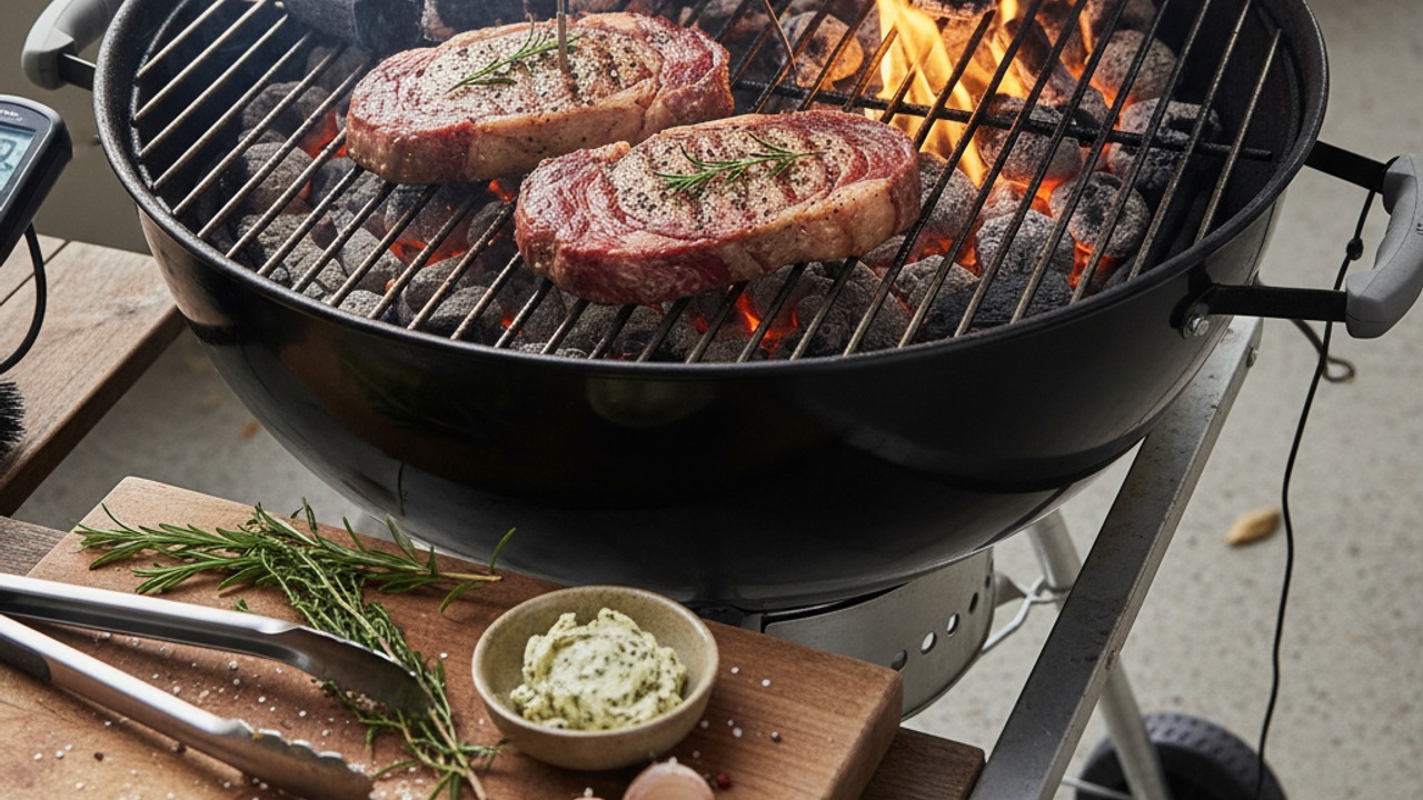 Set up grill and cook steaks indirect (low & slow)