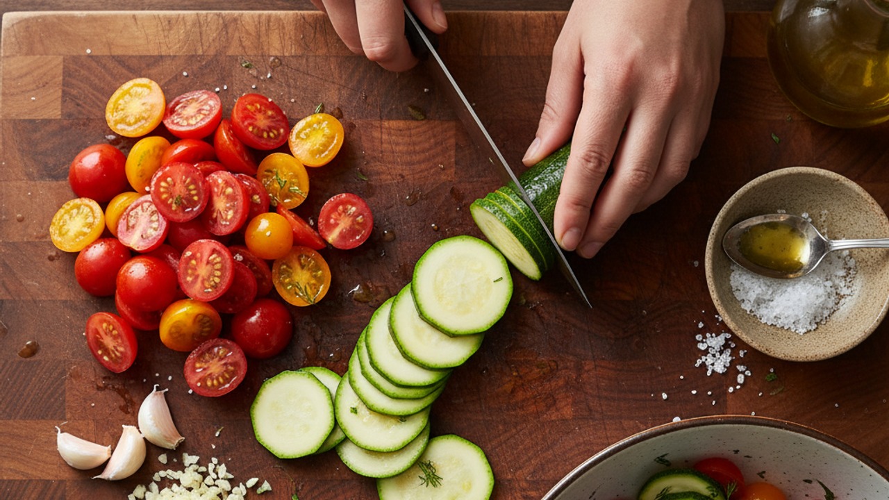 Assemble salmon and vegetables on parchment