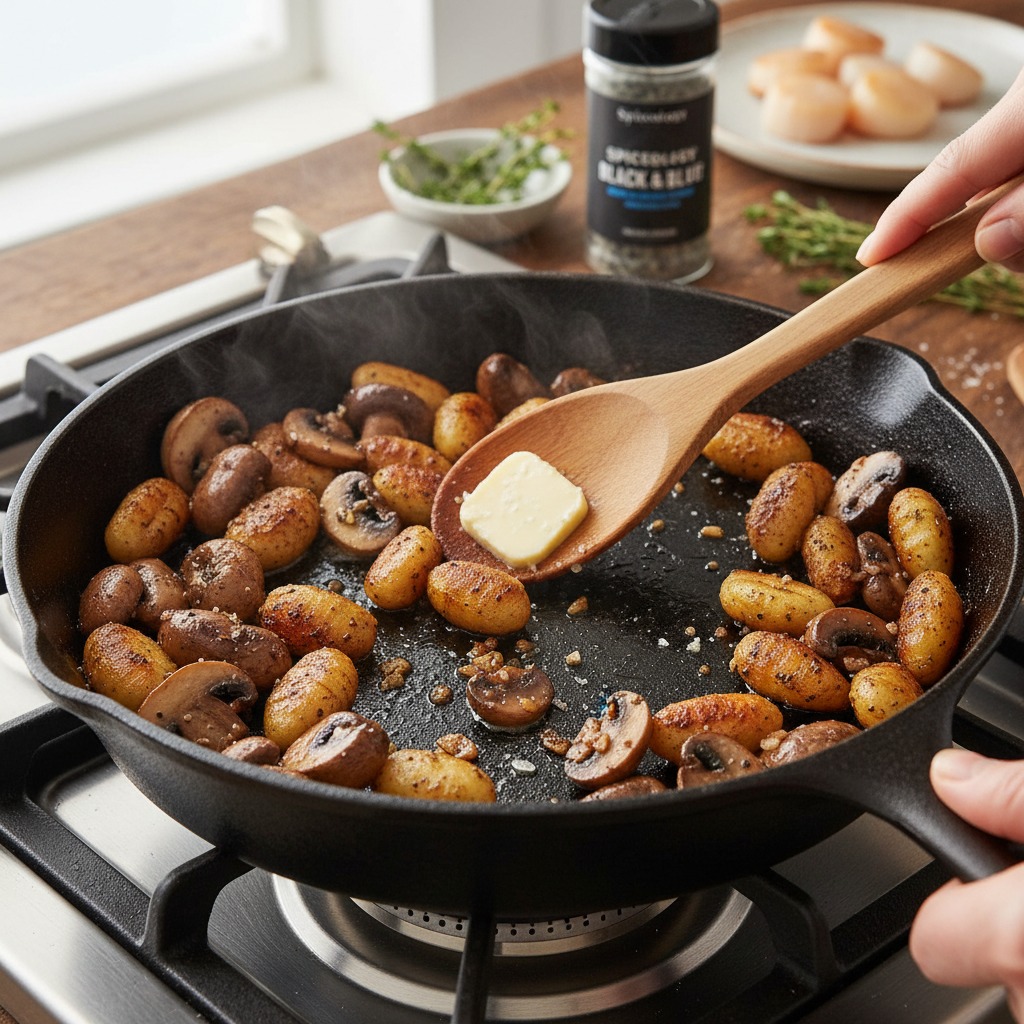 Sear mushrooms and brown gnocchi