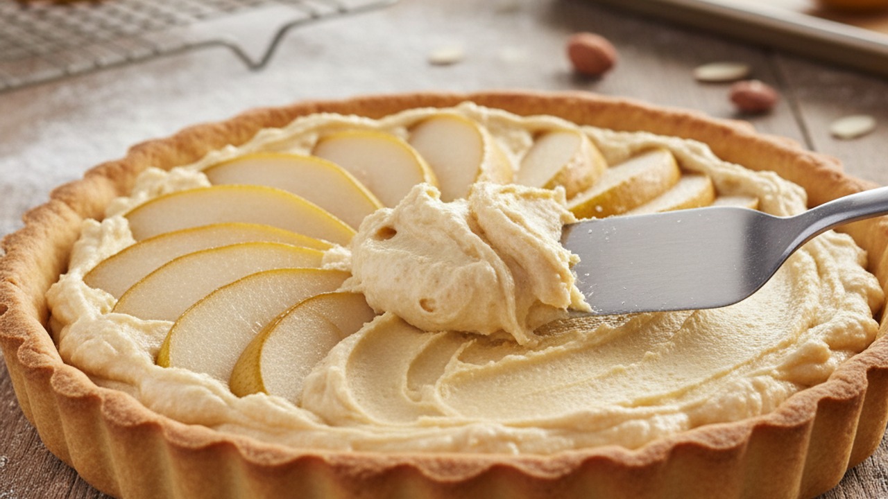 Fill, arrange pears, and bake