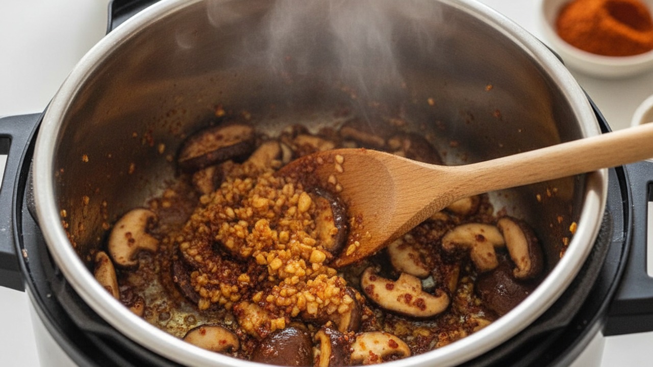 Sauté aromatics and mushrooms