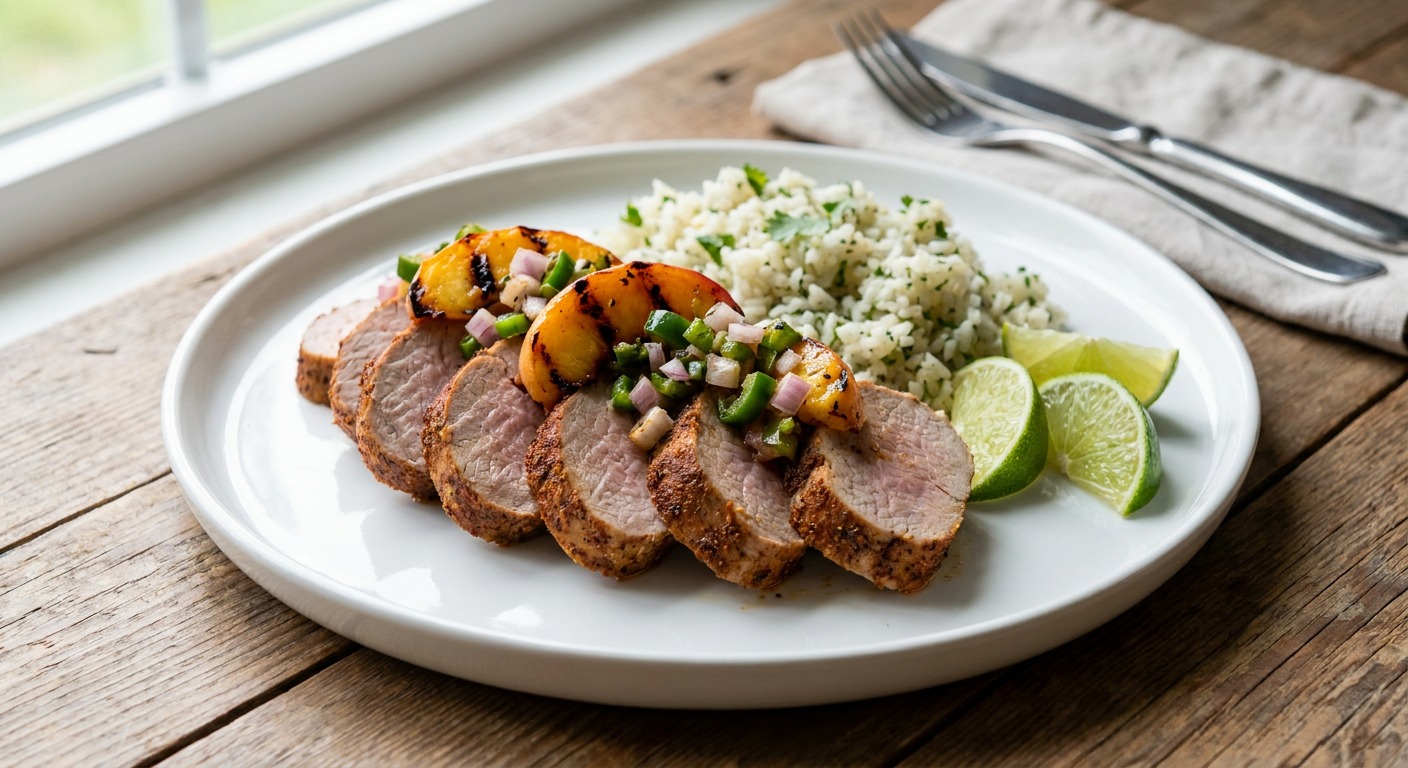 Coffee-Chile Rubbed Pork Tenderloin with Charred Peach Salsa and Cilantro-Lime Rice