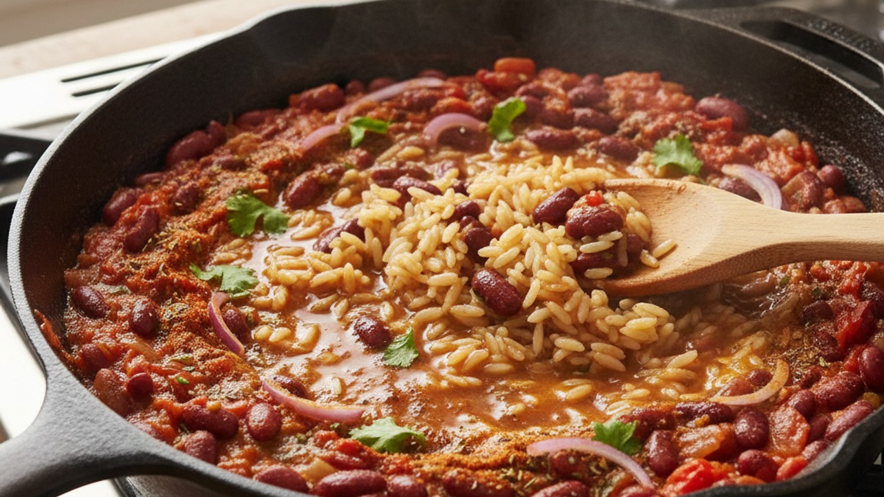 Toast rice and add liquids and spices