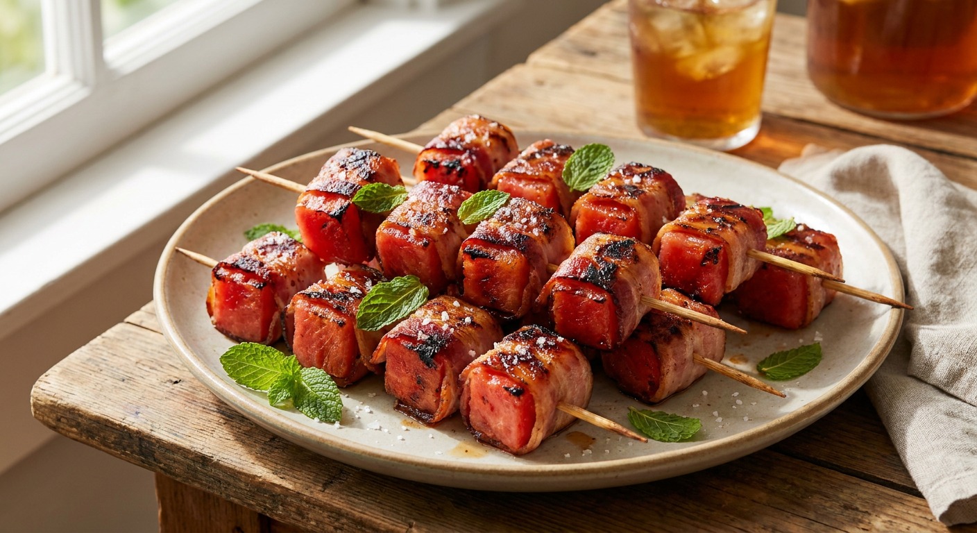 Grilled Bacon Wrapped Watermelon Bites with Mint