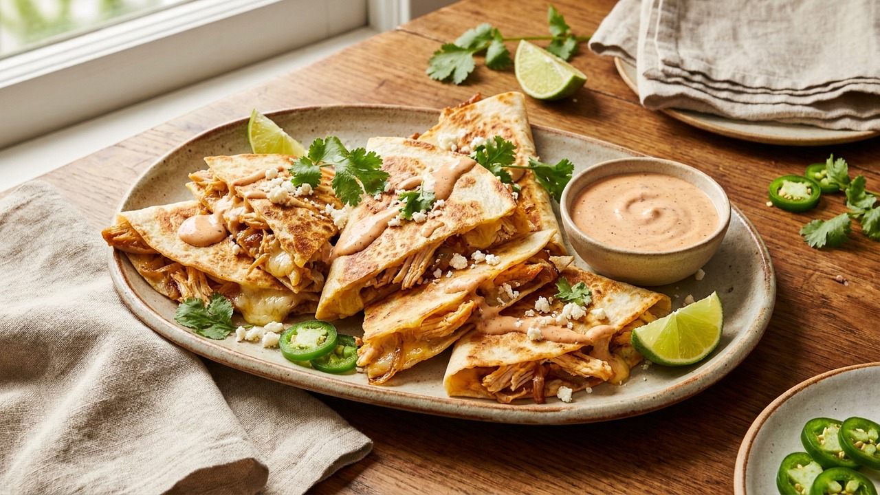 Rotisserie Chicken Quesadillas with Caramelized Onions and Chipotle Crema