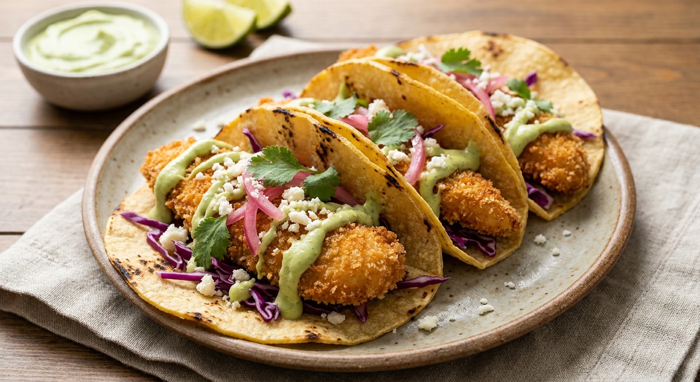 Crispy Air Fryer Chicken Tacos with Avocado Crema
