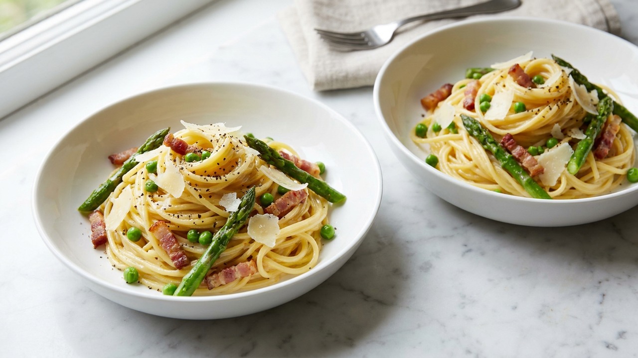 Asparagus Carbonara with Pancetta and Spring Peas