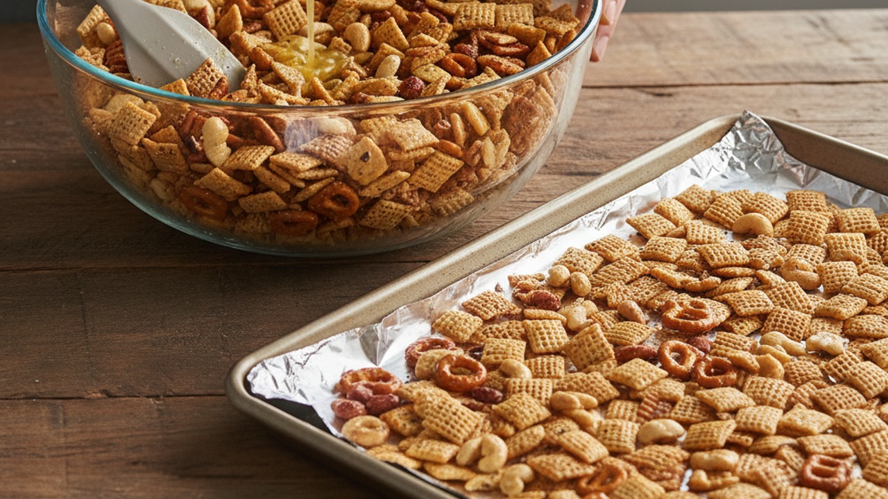 Coat the snack mix