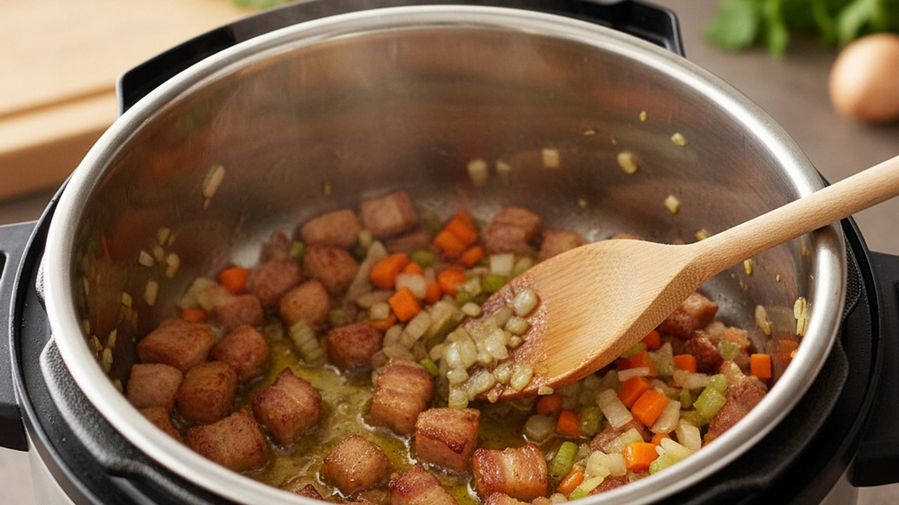Render pancetta and sweat the soffritto