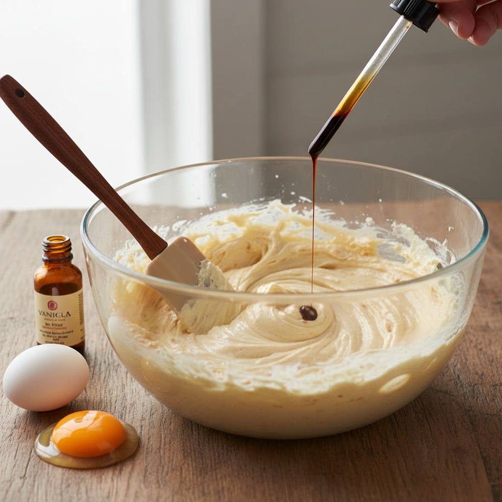 Cream butter and sugars, add eggs and vanilla