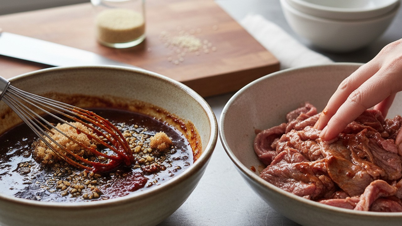 Make the bulgogi marinade and marinate beef