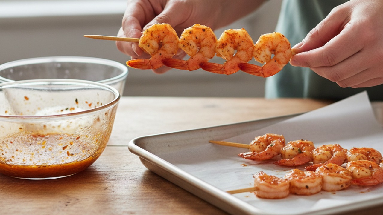 Thread shrimp onto skewers