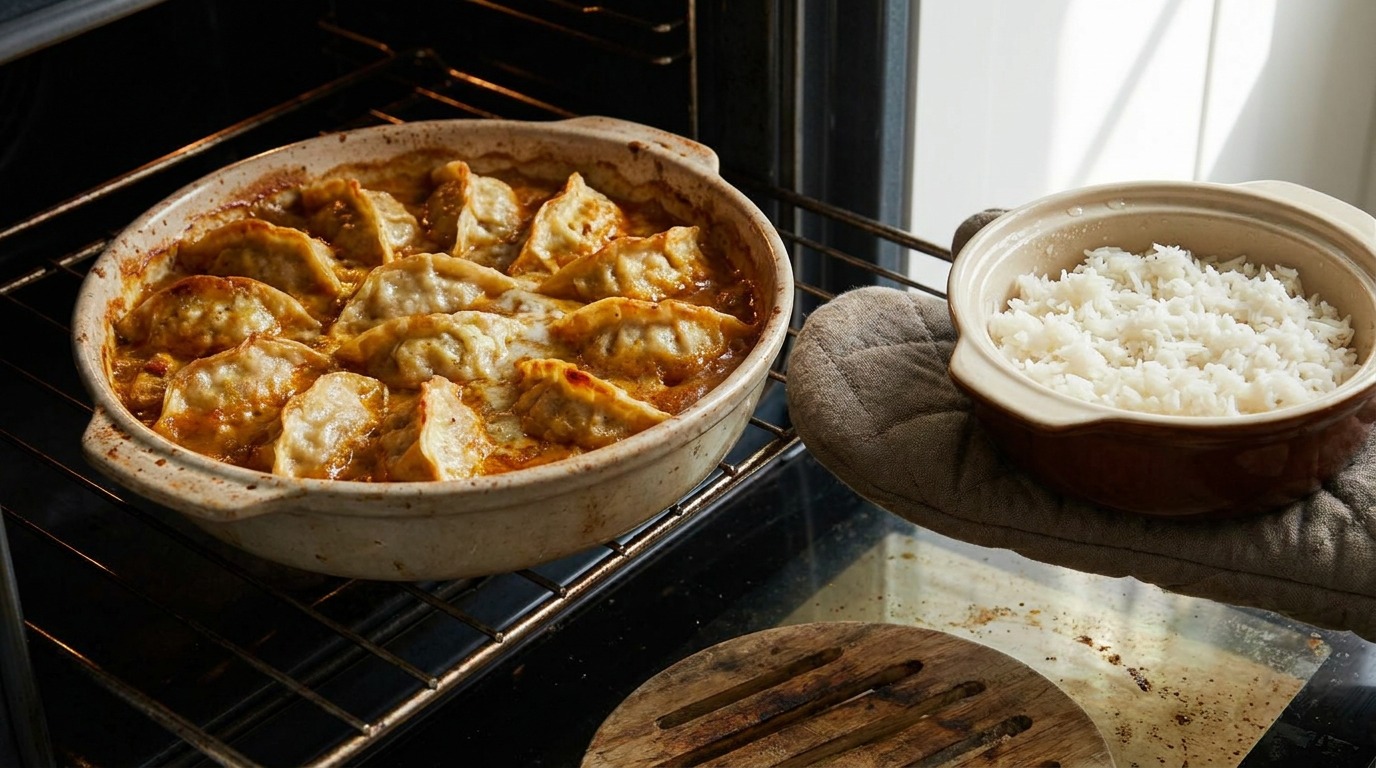 Finish uncovered and reheat rice in oven