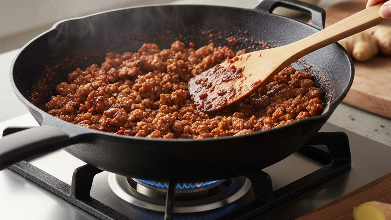 Toast peppercorns and brown the pork with doubanjiang