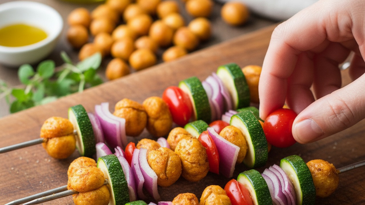 Thread skewers with chickpeas and vegetables