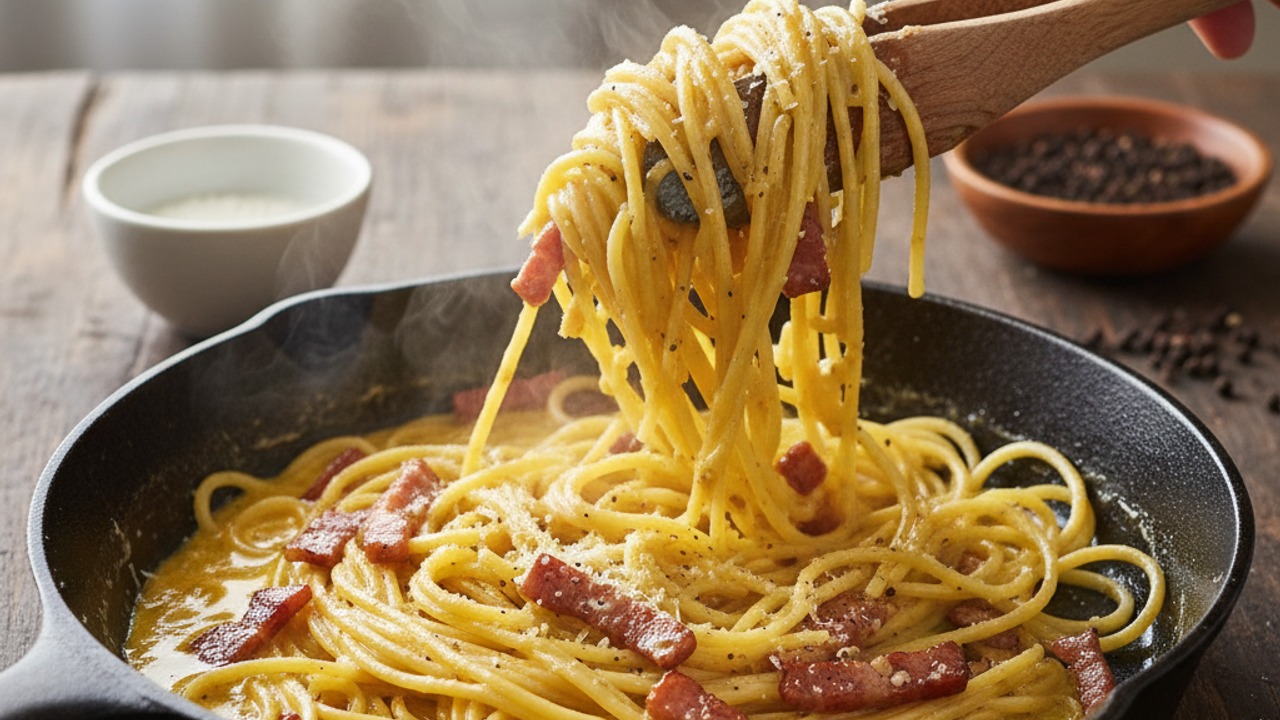 Toss pasta with guanciale and temper with egg mixture