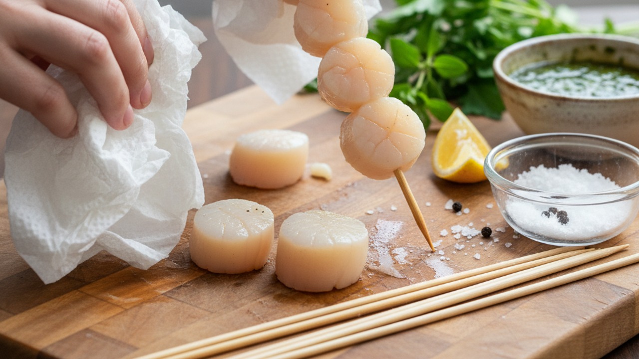 Prep scallops and skewers