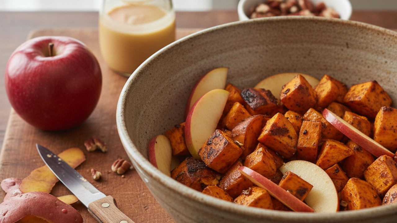 Cool and chop the potatoes; prep apples