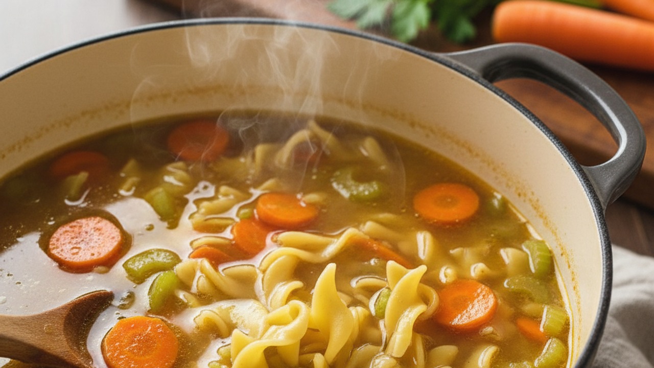 Cook carrots/celery and the noodles in the broth