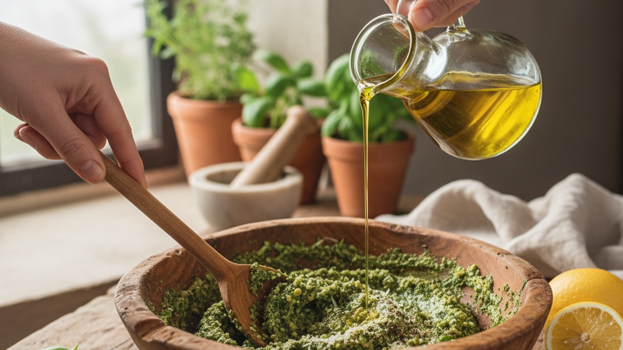 Emulsify the pesto