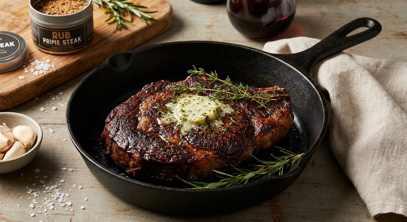Cast Iron Pan-Seared Ribeye with RUB PRIME STEAK and Garlic Butter