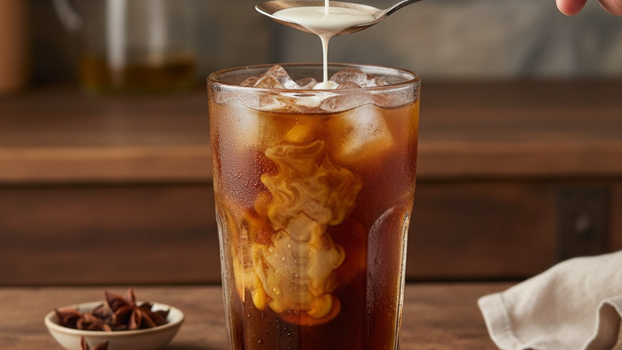 Assemble over ice and top with cream