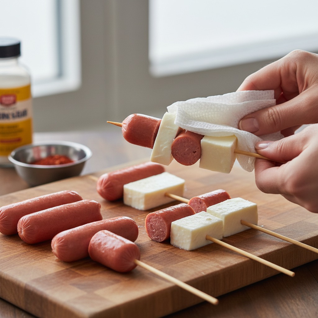 Prep and skewer cheese + hot dogs