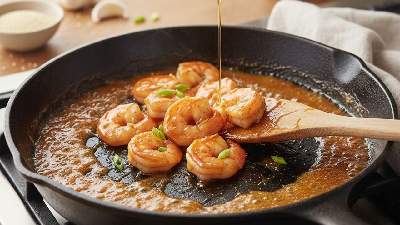 Thicken the sauce and finish shrimp