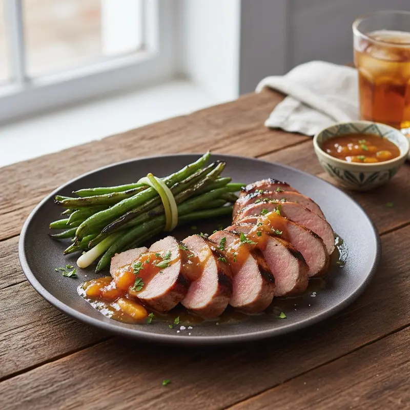 Grilled Pork Tenderloin with Peach-Bourbon Glaze and Charred Green Bean Bundles