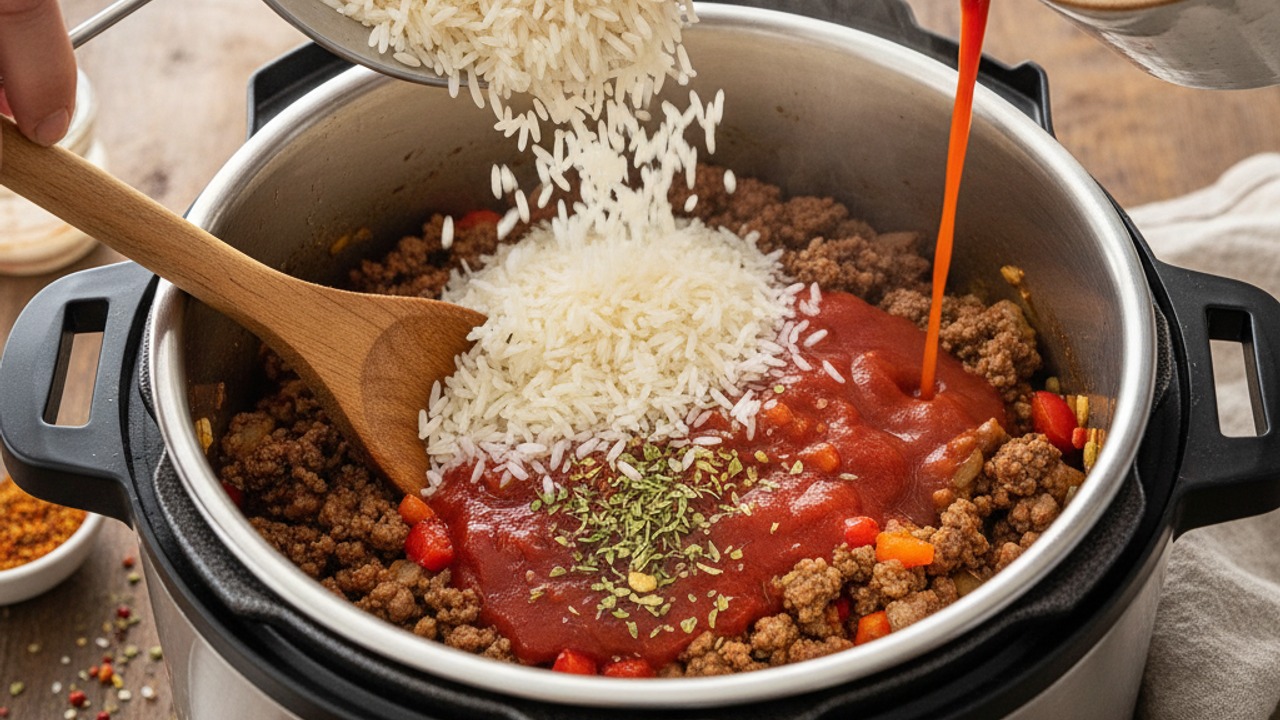 Add rice and liquids