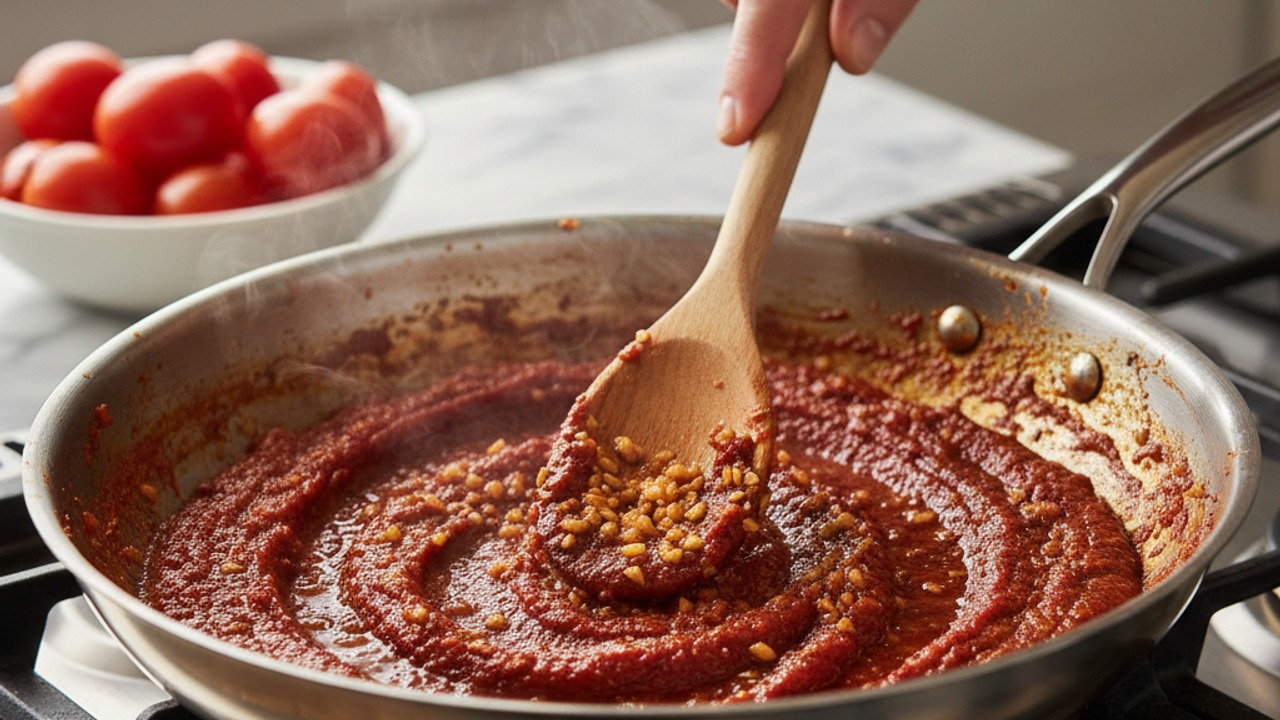 Add garlic and tomato paste