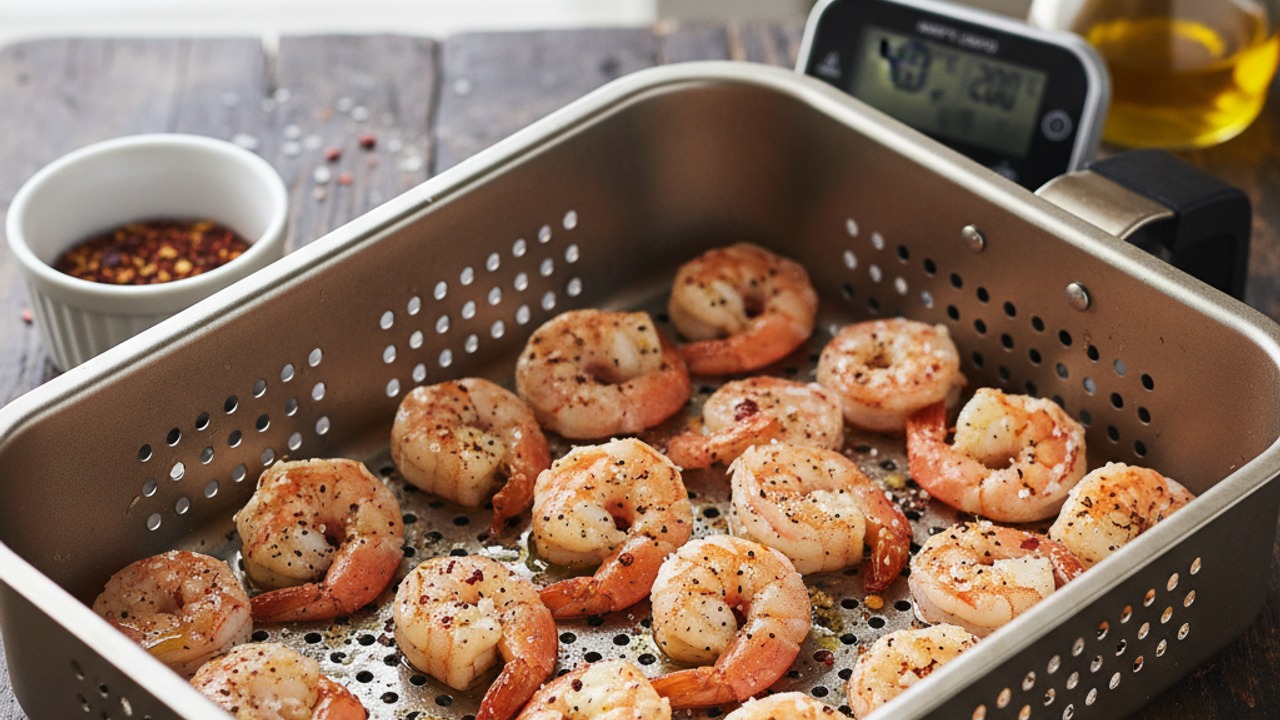 Season and air-fry the shrimp