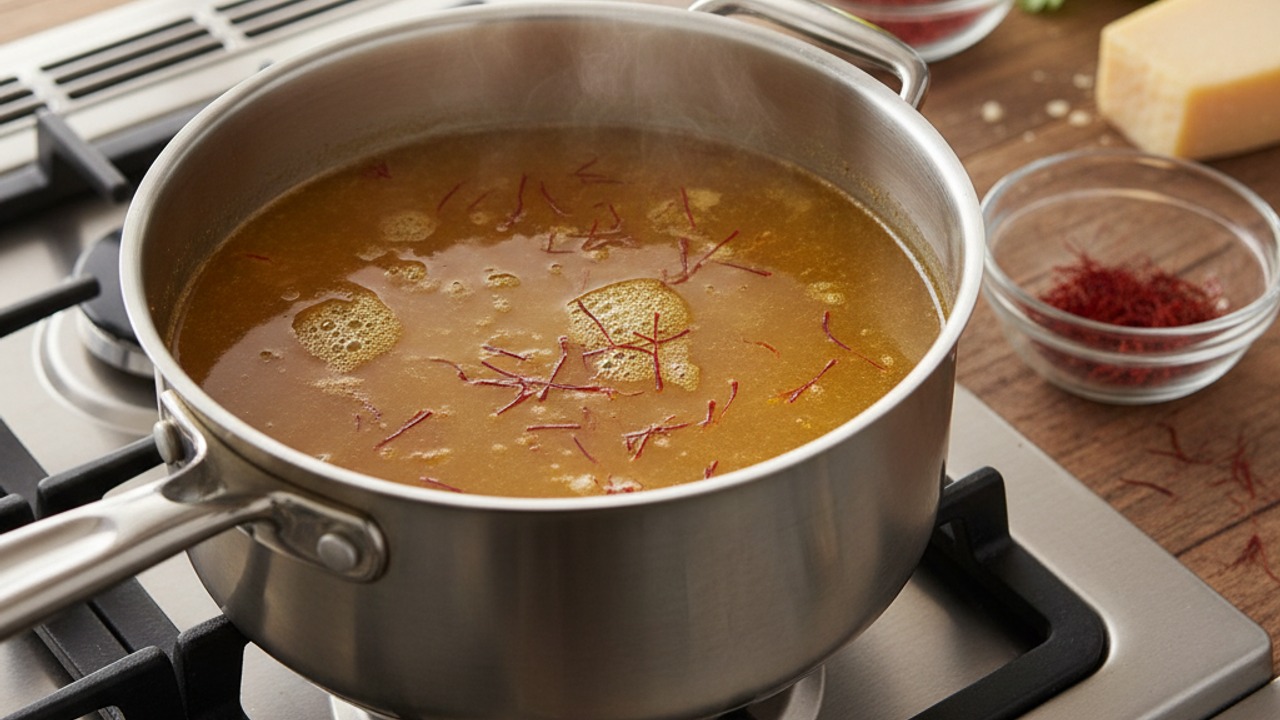 Warm and infuse the stock with saffron