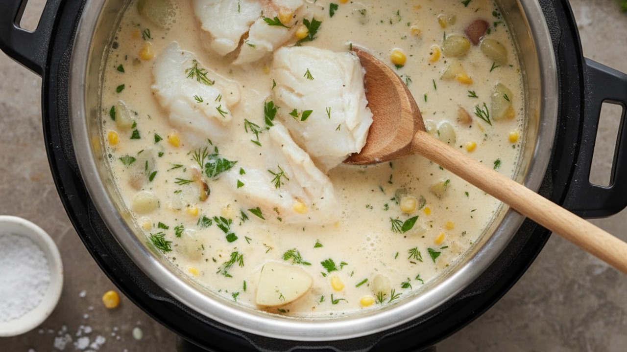 Add cod and cream, finish gently
