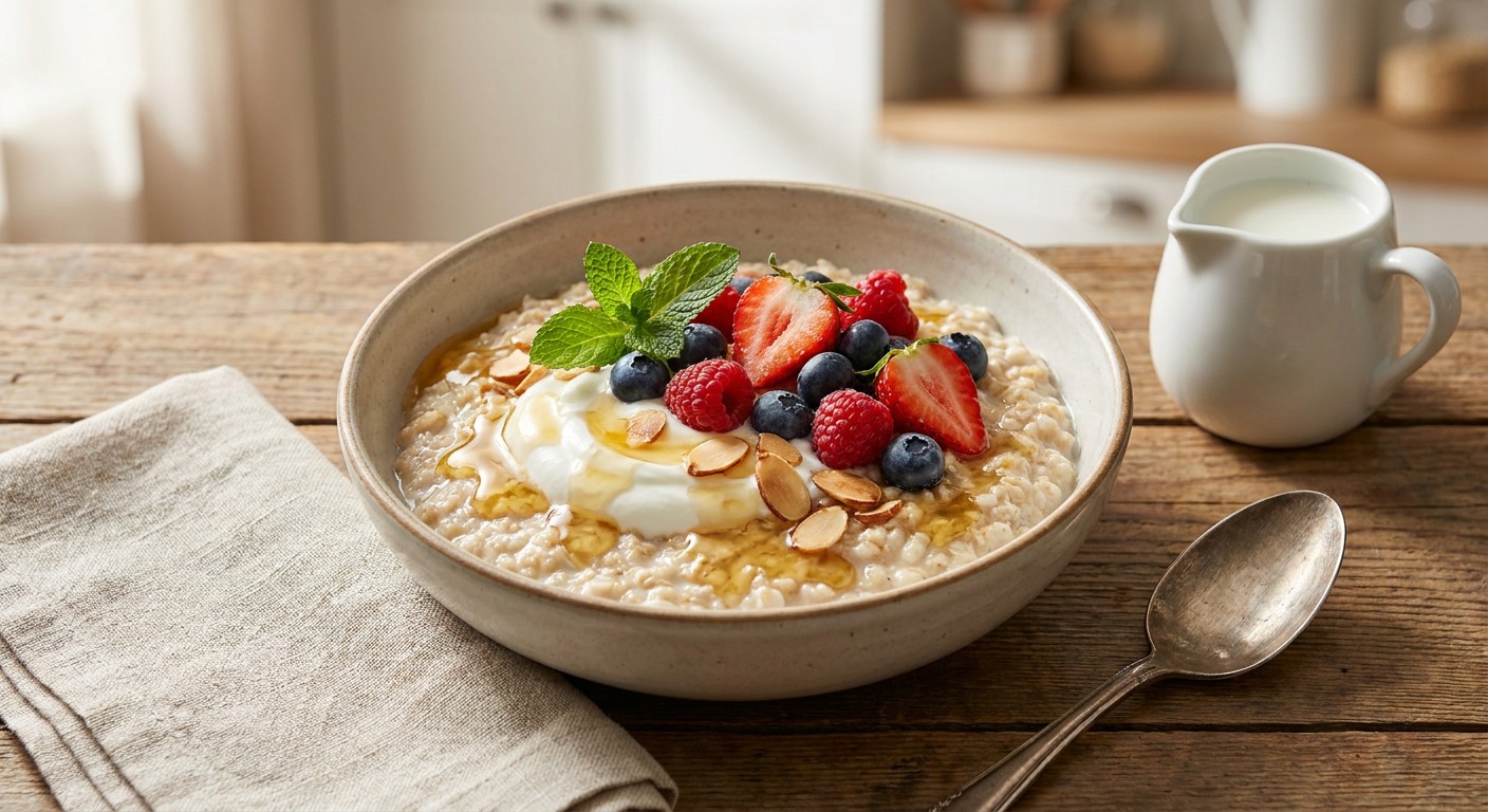 Oatmeal Breakfast Bowl with Mixed Berries, Yogurt, and Honey