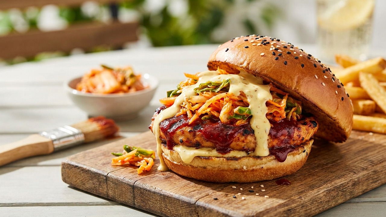 Korean Gochujang Chicken Burger with Kimchi Slaw and Sesame Aioli