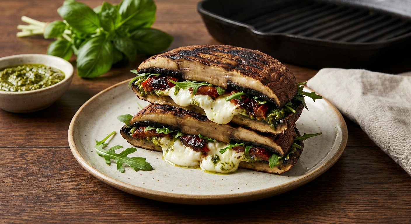 Smoky Grilled Portobello & Pesto Panini with Charred Tomato and Burrata
