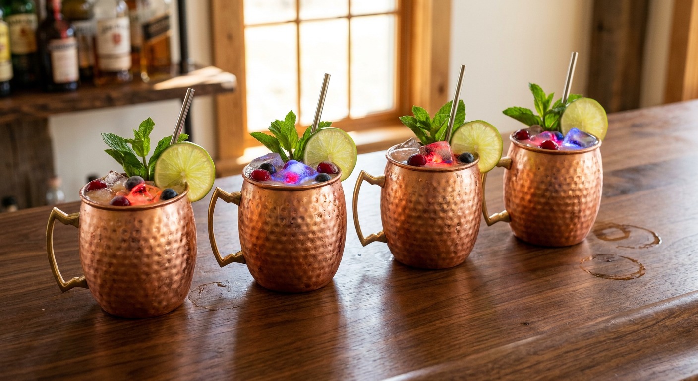 Patriotic Moscow Mule with Cranberry and Blueberry Ice Cubes