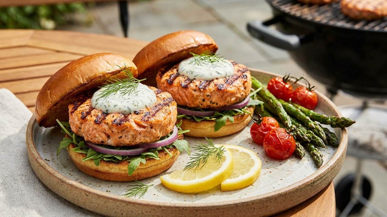Salmon Burgers with Lemon-Dill Yogurt Sauce