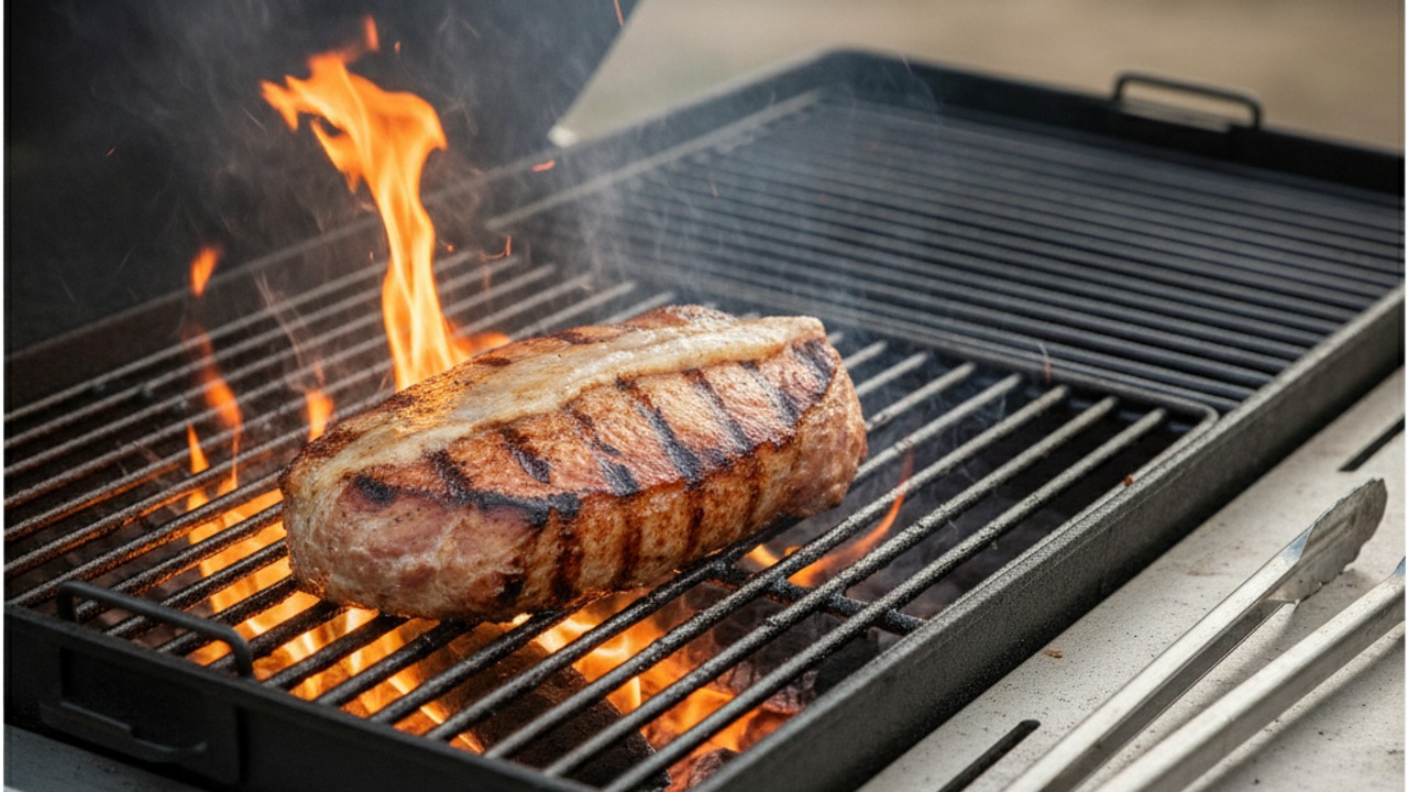 Sear the pork over direct heat