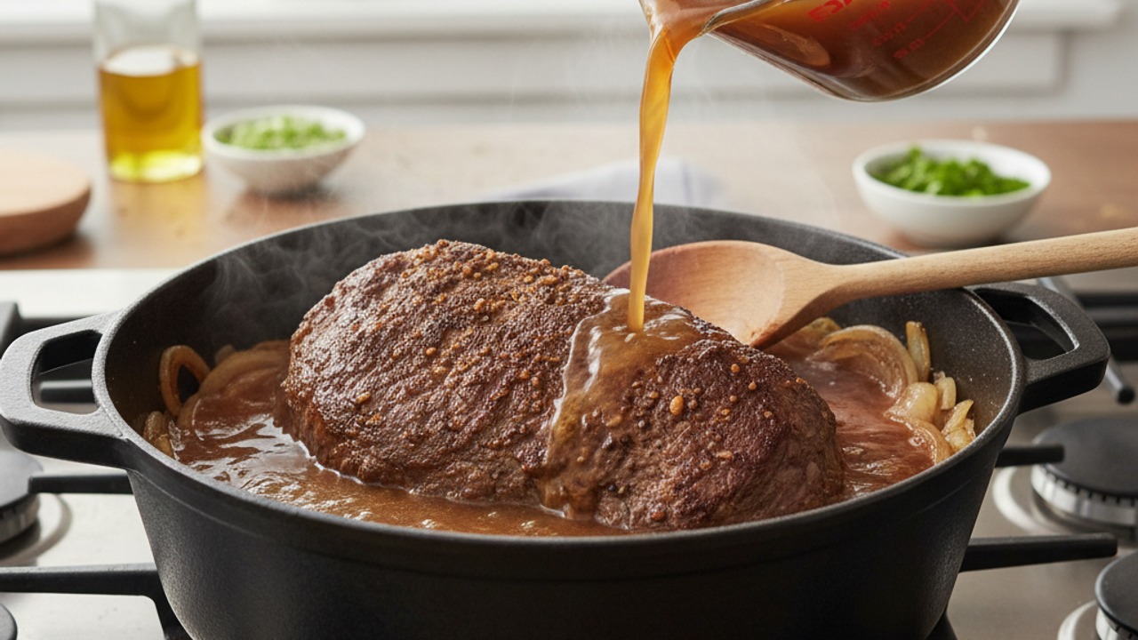 Deglaze and add braising liquid