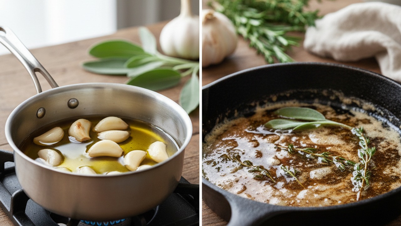Make garlic confit and brown the butter-herb compound