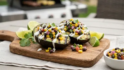 Grilled Avocado Halves with Black Bean Salsa and Lime Crema